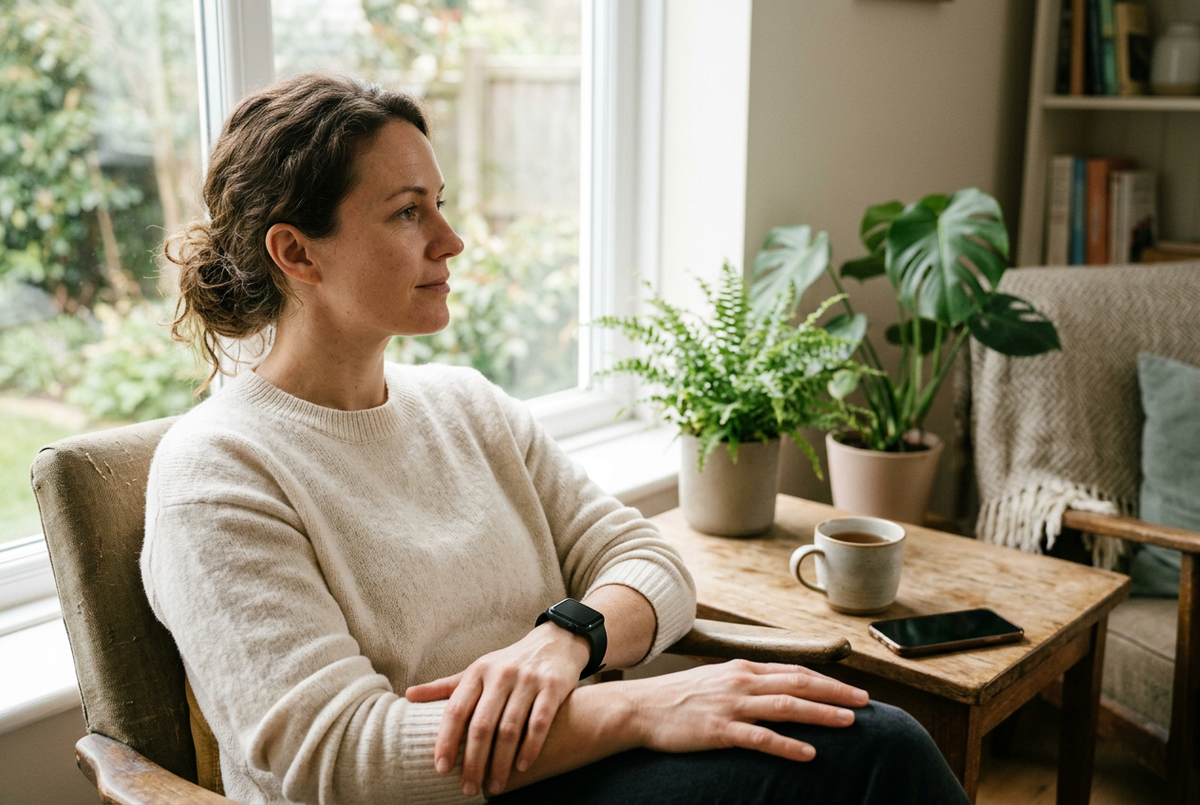 A woman wearing a smartwatch looks out a window, with her phone placed face down beside a cup of tea.