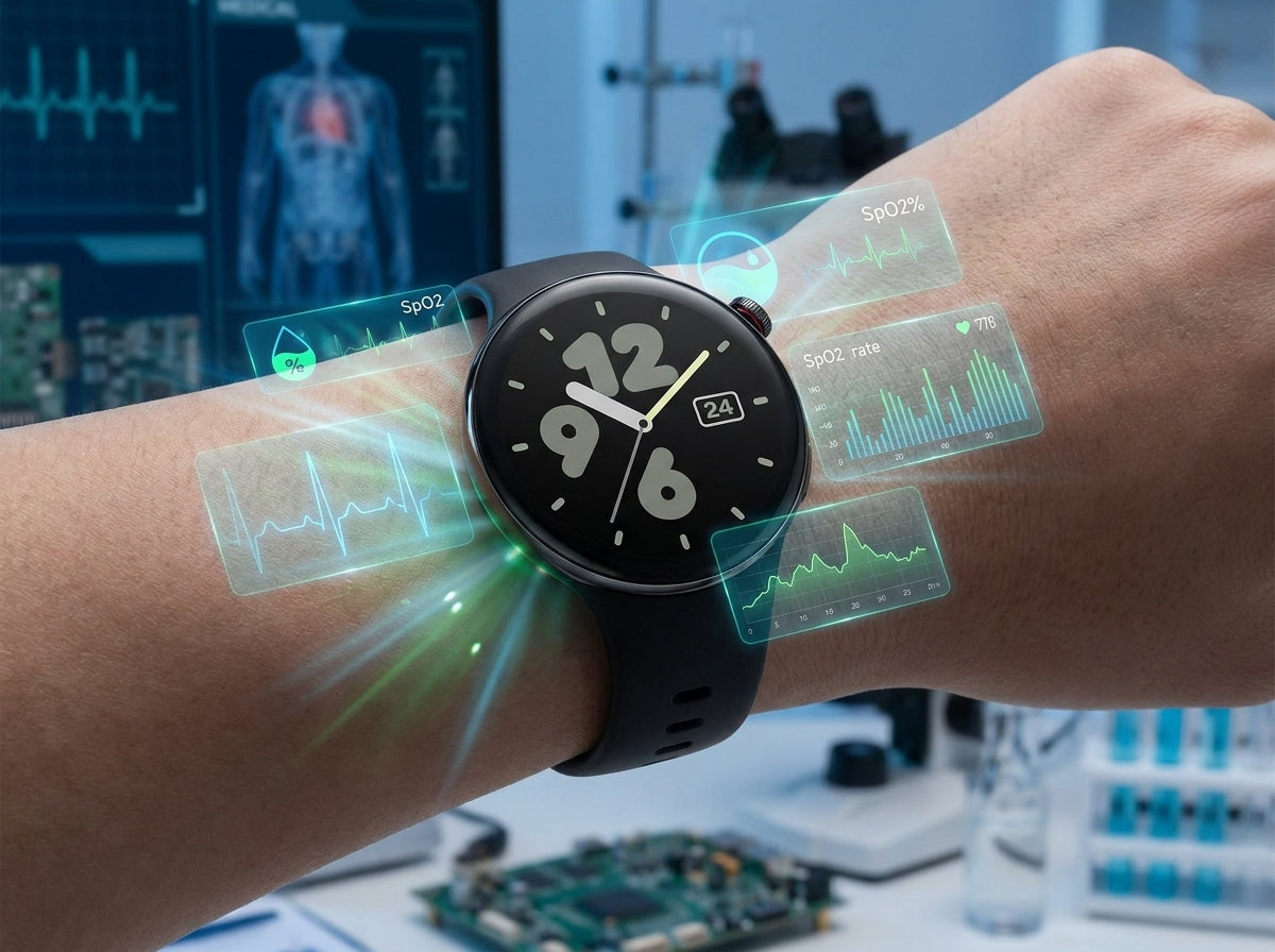 Round smartwatch on wrist projecting futuristic holographic health monitoring interfaces showing SpO2 and heart rate graphs against a high-tech medical lab background