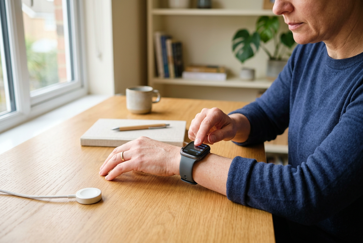 Close-up of a person tapping their smartwatch screen at a home desk, with a watch charging puck nearby.
