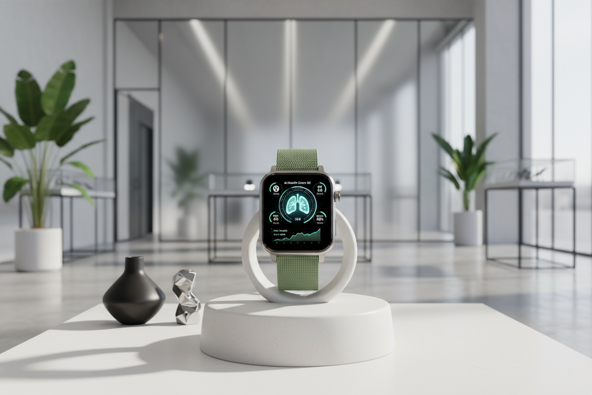 Premium smartwatch on a modern display stand showing an AI health monitoring dashboard, surrounded by sustainable design elements and fashion accessories, representing the latest smartwatch industry trends in May 2026